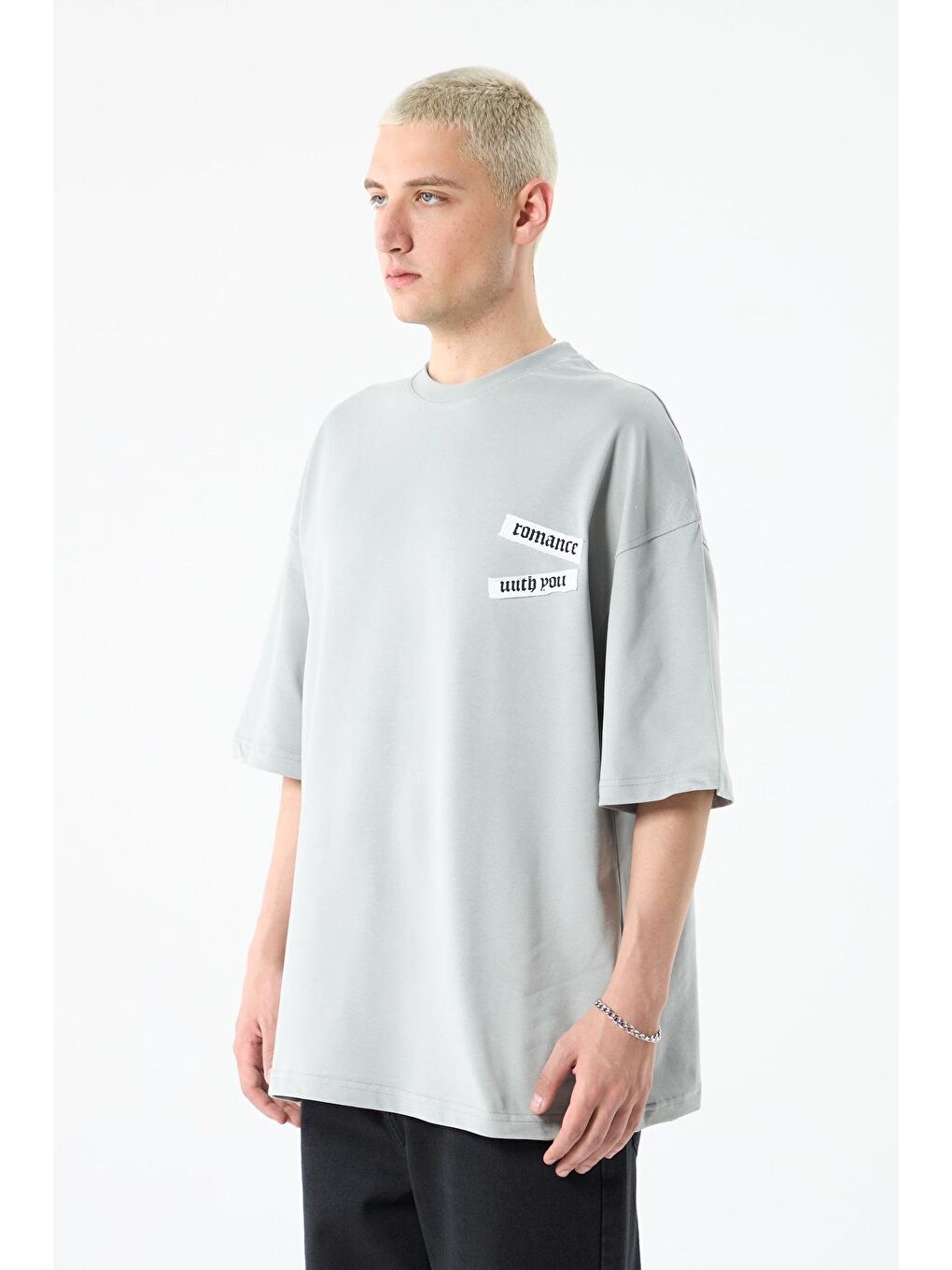 Arka Baskılı Oversize Tişört Gri-4