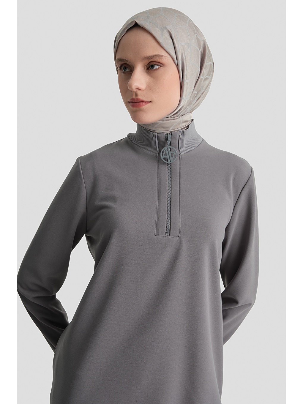 Fermuar Detaylı Basic Tunik Gri-2