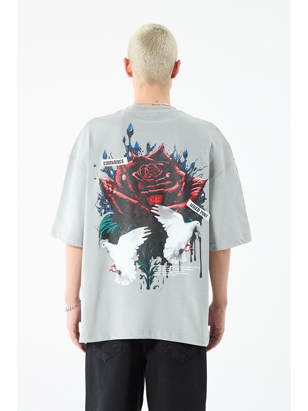 Arka Baskılı Oversize Tişört Gri-5