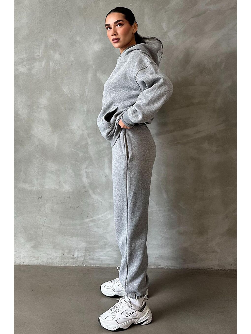 Gri Bej Kapüşonlu Oversize Kadın Eşofman Takım Mg1905-2