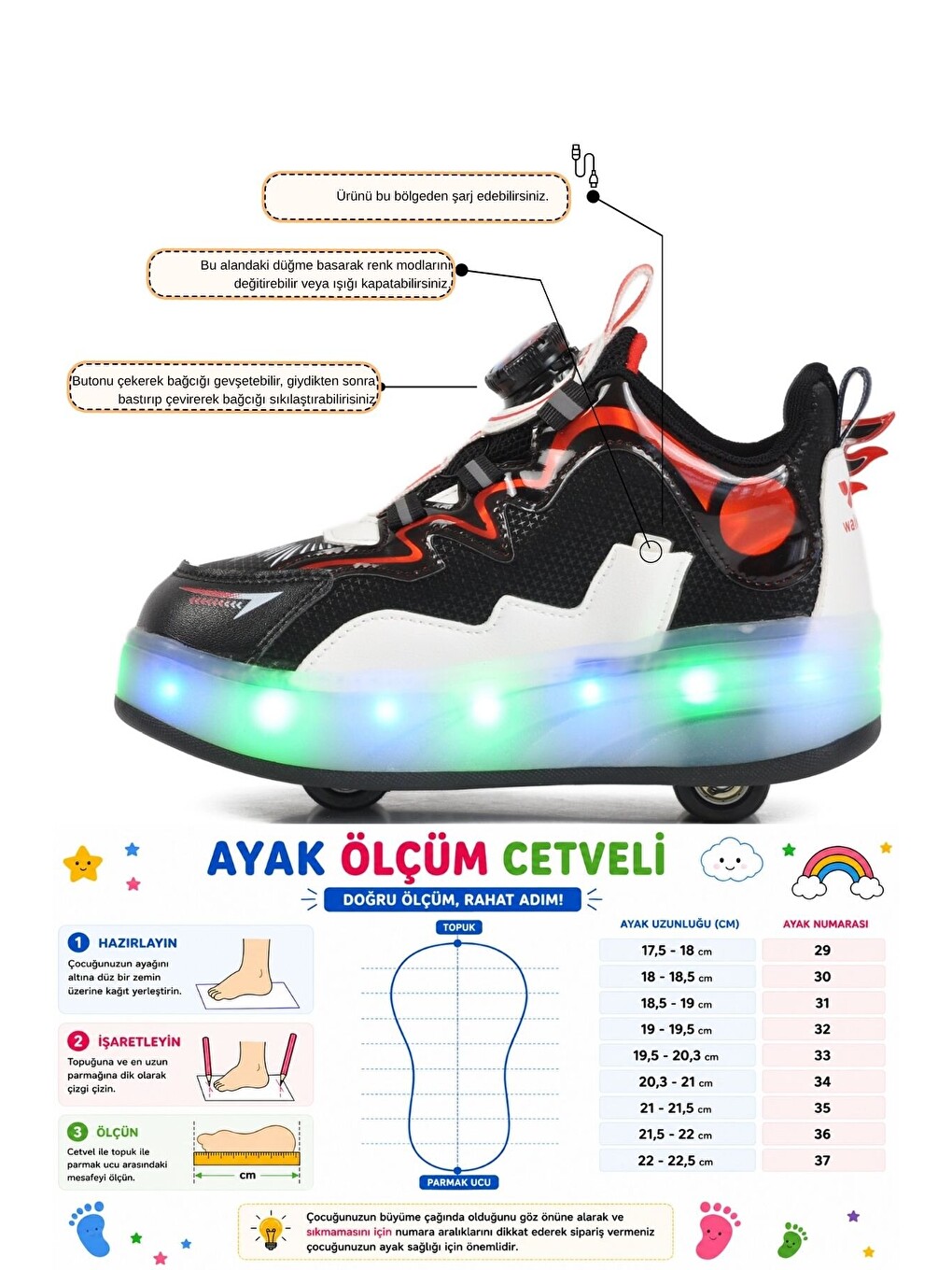Çocuk Siyah Kırmızı Şarjlı Işıklı Akıllı Bağcıklı Tekerlekli Paten Ayakkabı Yung-2