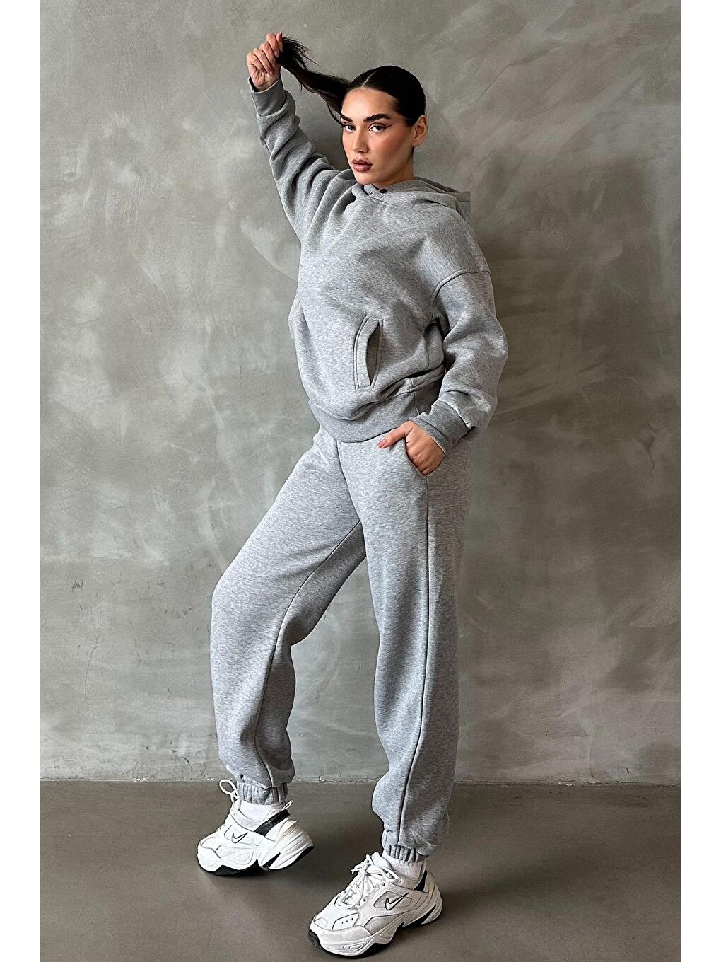 Gri Bej Kapüşonlu Oversize Kadın Eşofman Takım Mg1905-3