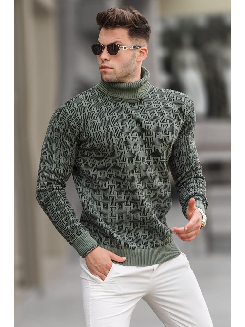 Petrol Yeşili Desenli Balıkçı Yaka Triko Kazak 5768