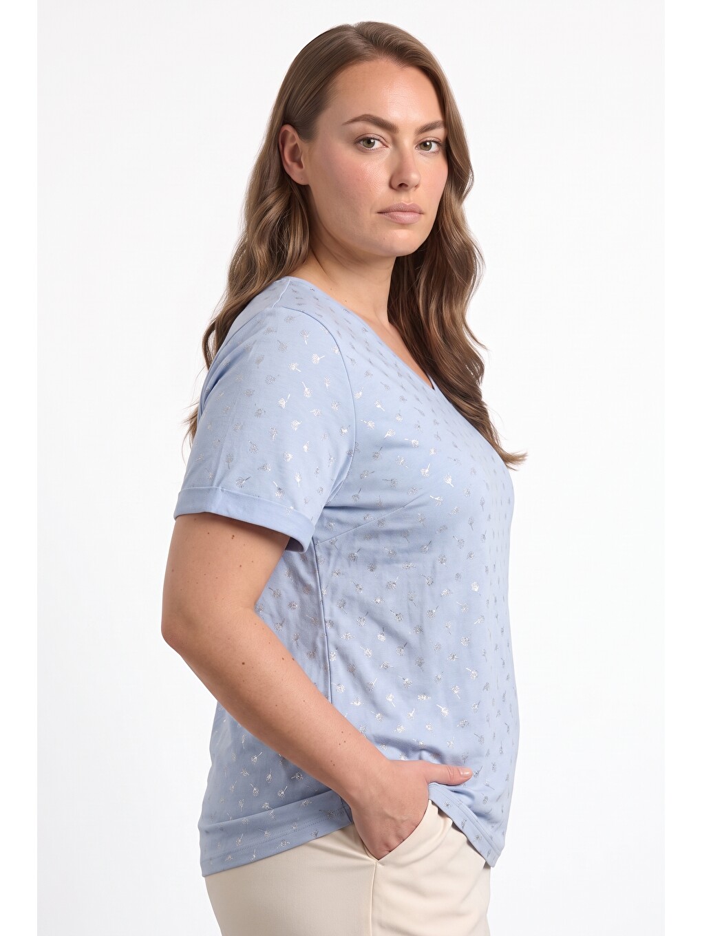 Mavi Metalik Baskılı V Yaka T-shirt-4
