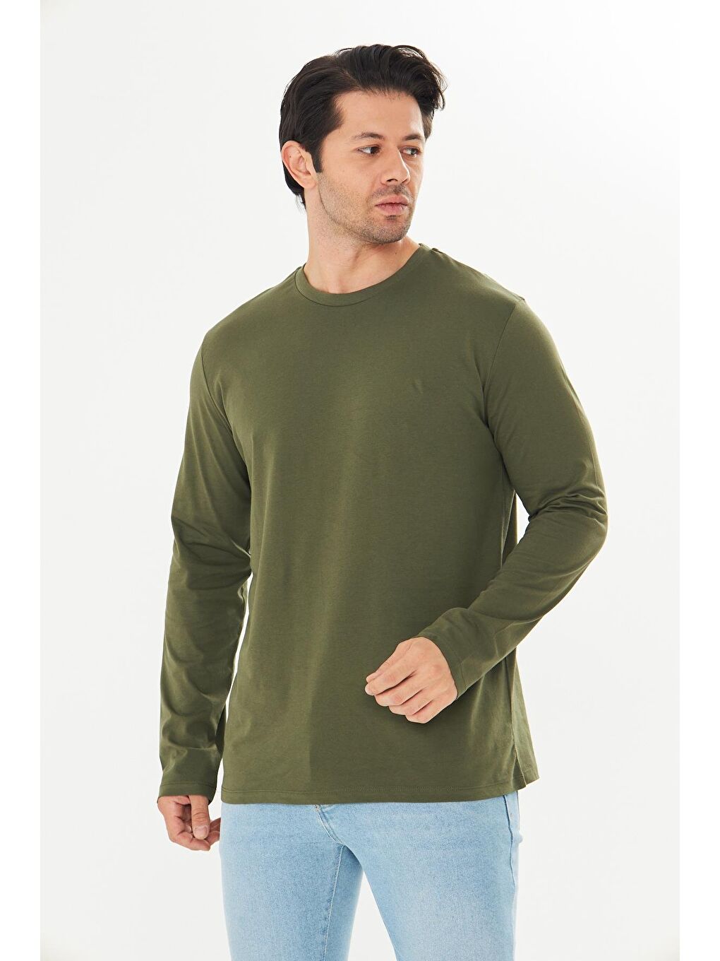 Erkek Pamuklu Bisiklet Yaka Uzun Kollu Tişört Haki 5020-H-1