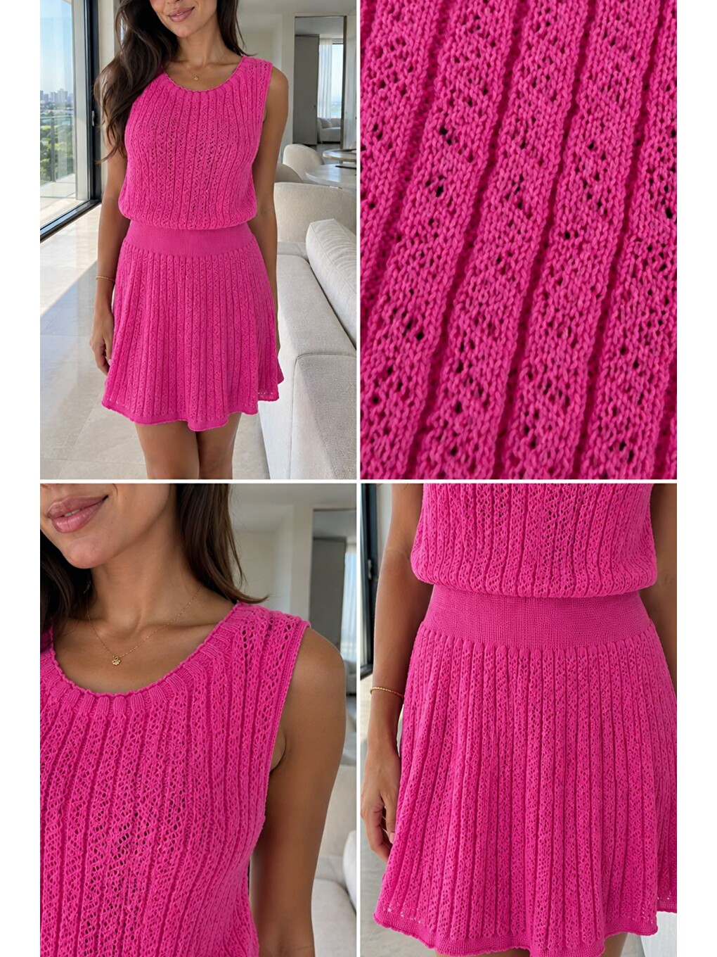 Pembe Kadın İç Astarlı Ajurlu Mini Triko Elbise-3