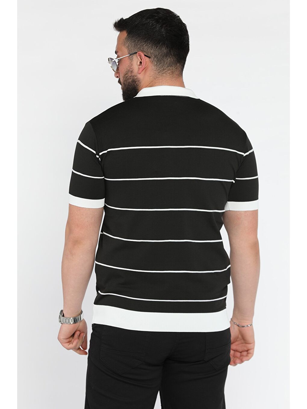 Siyah Erkek Polo Yaka Yarım Fermuarlı Çizgi Desenli Triko Tişört-2