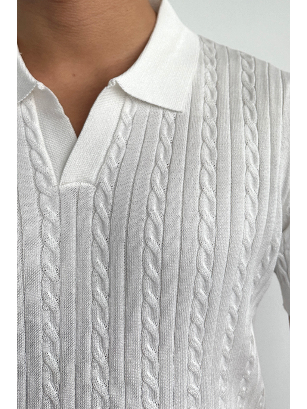 Erkek Fitilli Polo Yaka Triko Tişört Beyaz-1