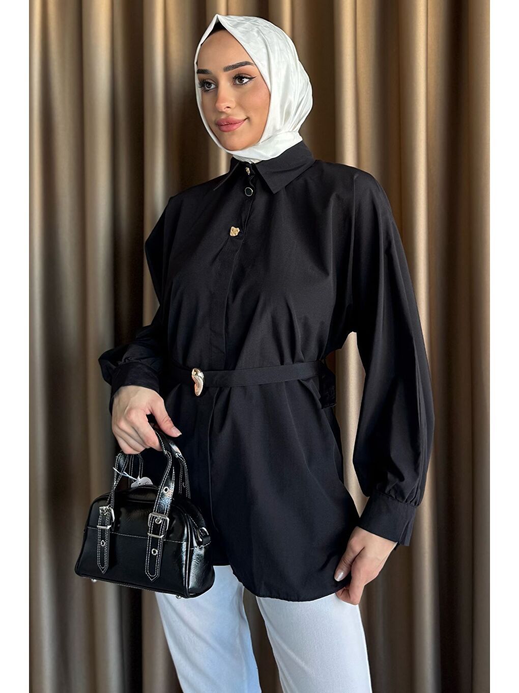 Siyah Bel Kuşaklı Tesettür Gömlek-2