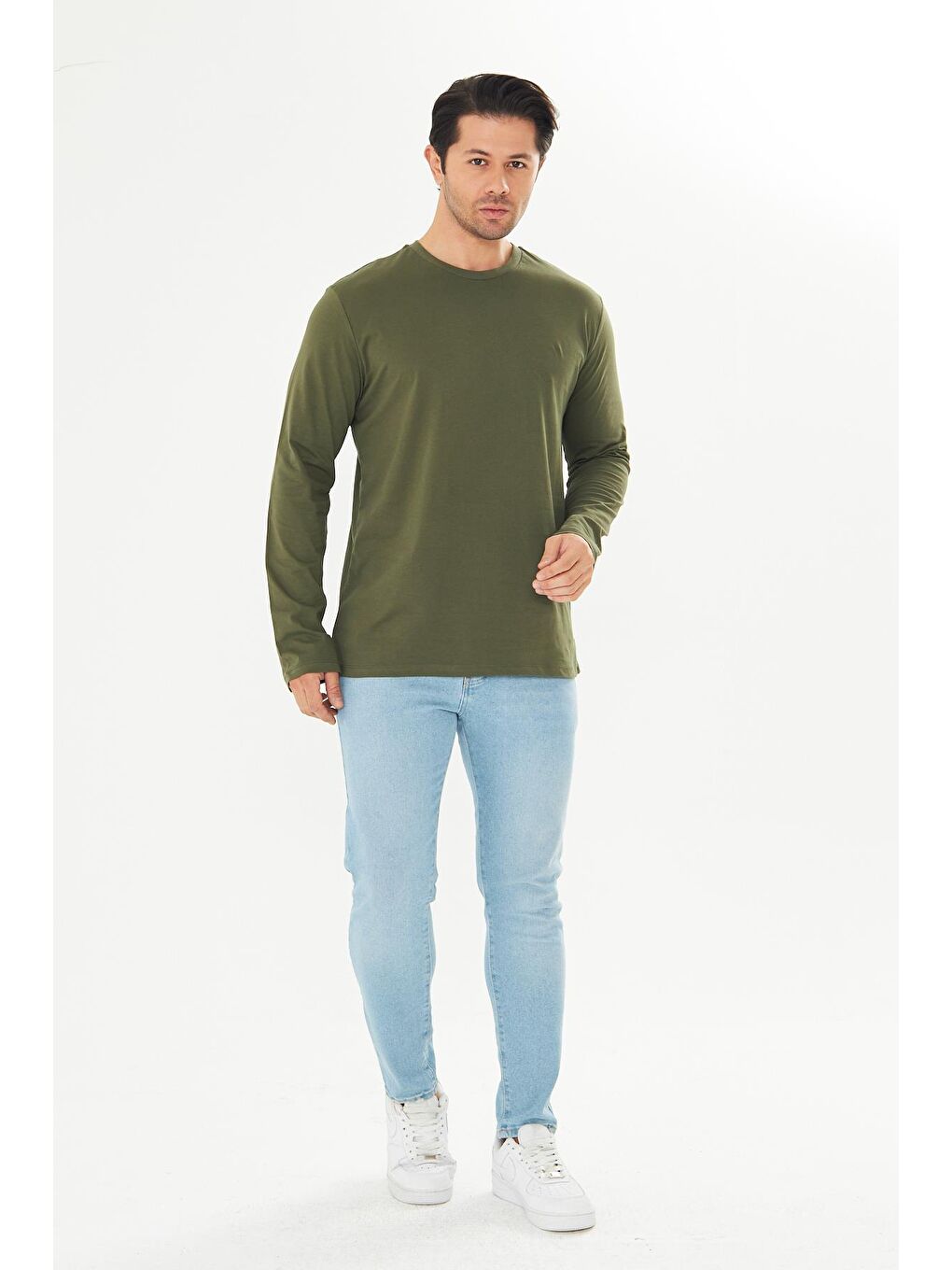 Erkek Pamuklu Bisiklet Yaka Uzun Kollu Tişört Haki 5020-H-2