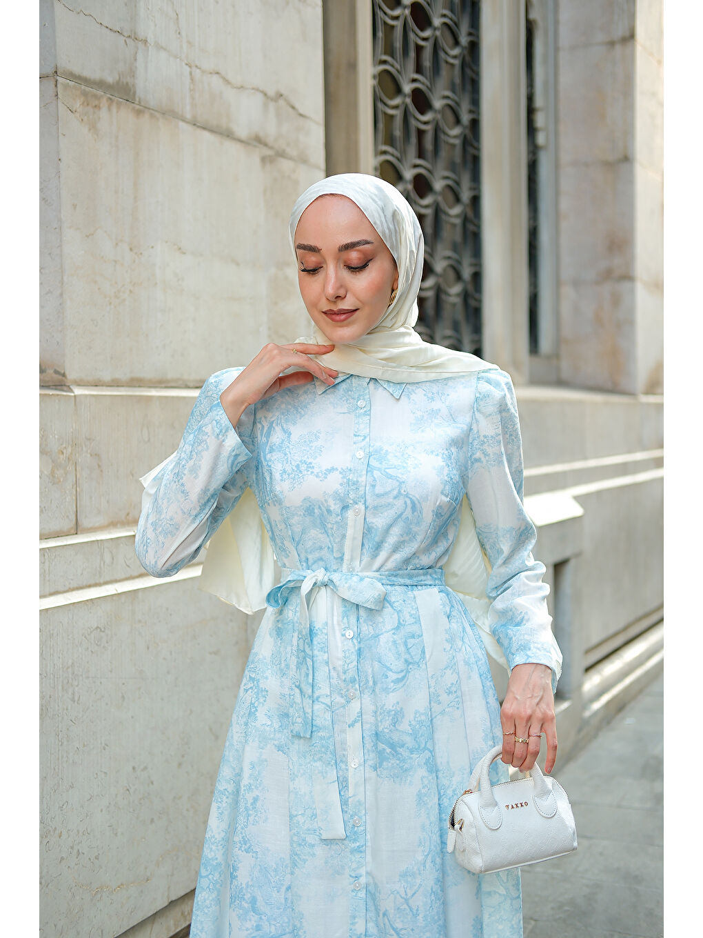 Kadın Fiyonk Detaylı Keten Elbise Mavi-1