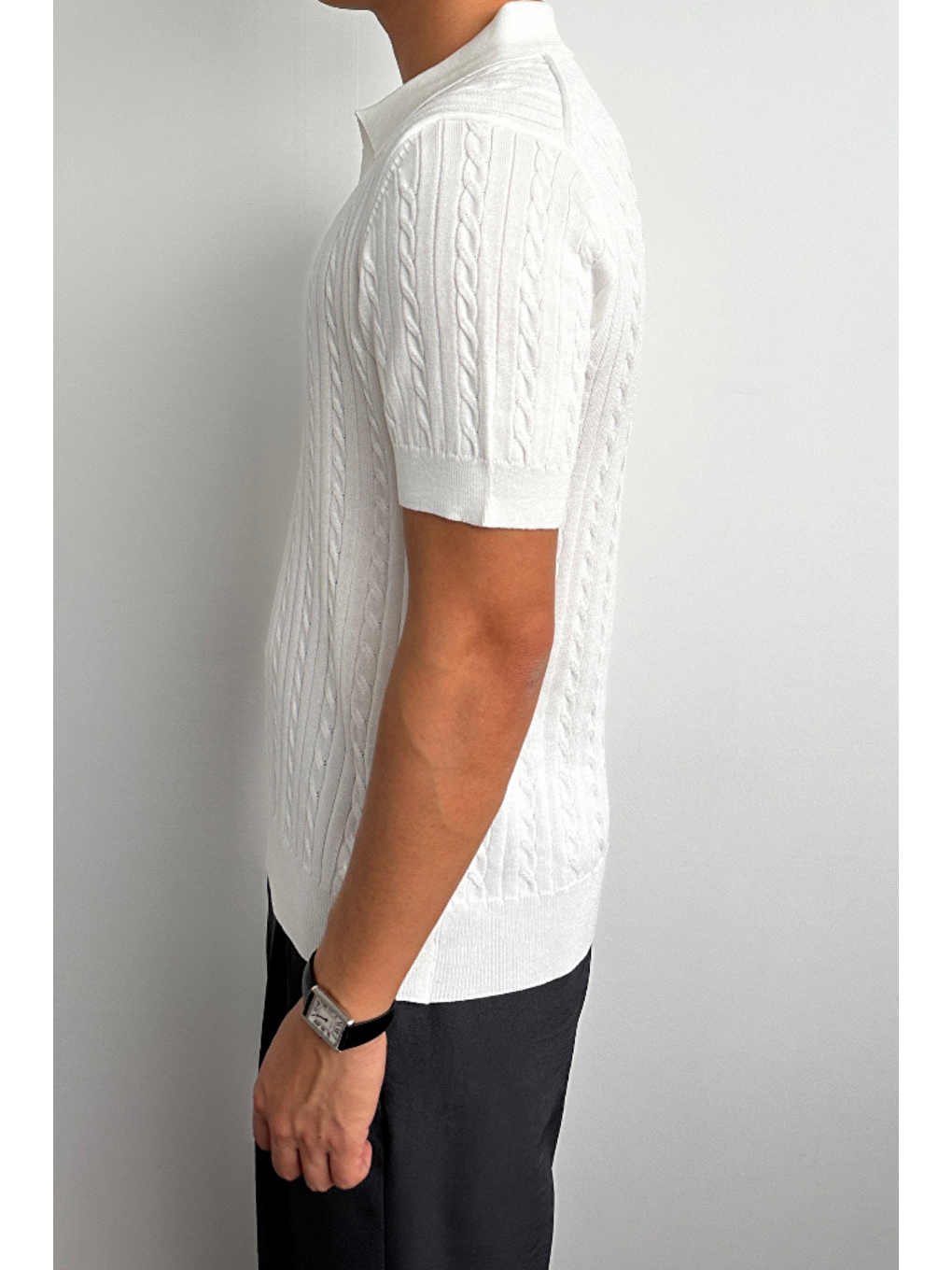 Erkek Fitilli Polo Yaka Triko Tişört Beyaz-2