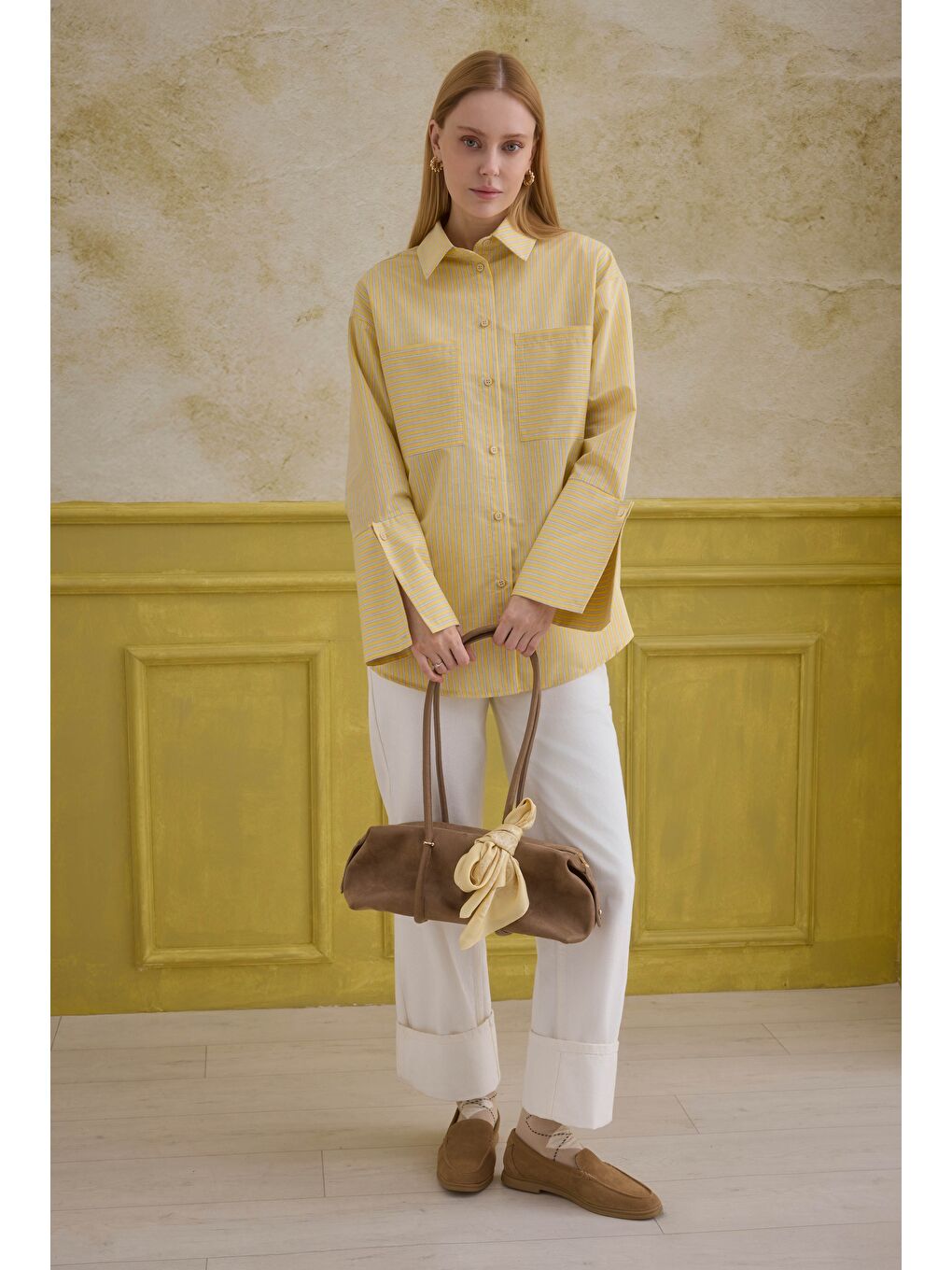 Geniş Manşetli Çizgili Gömlek Sarı-1