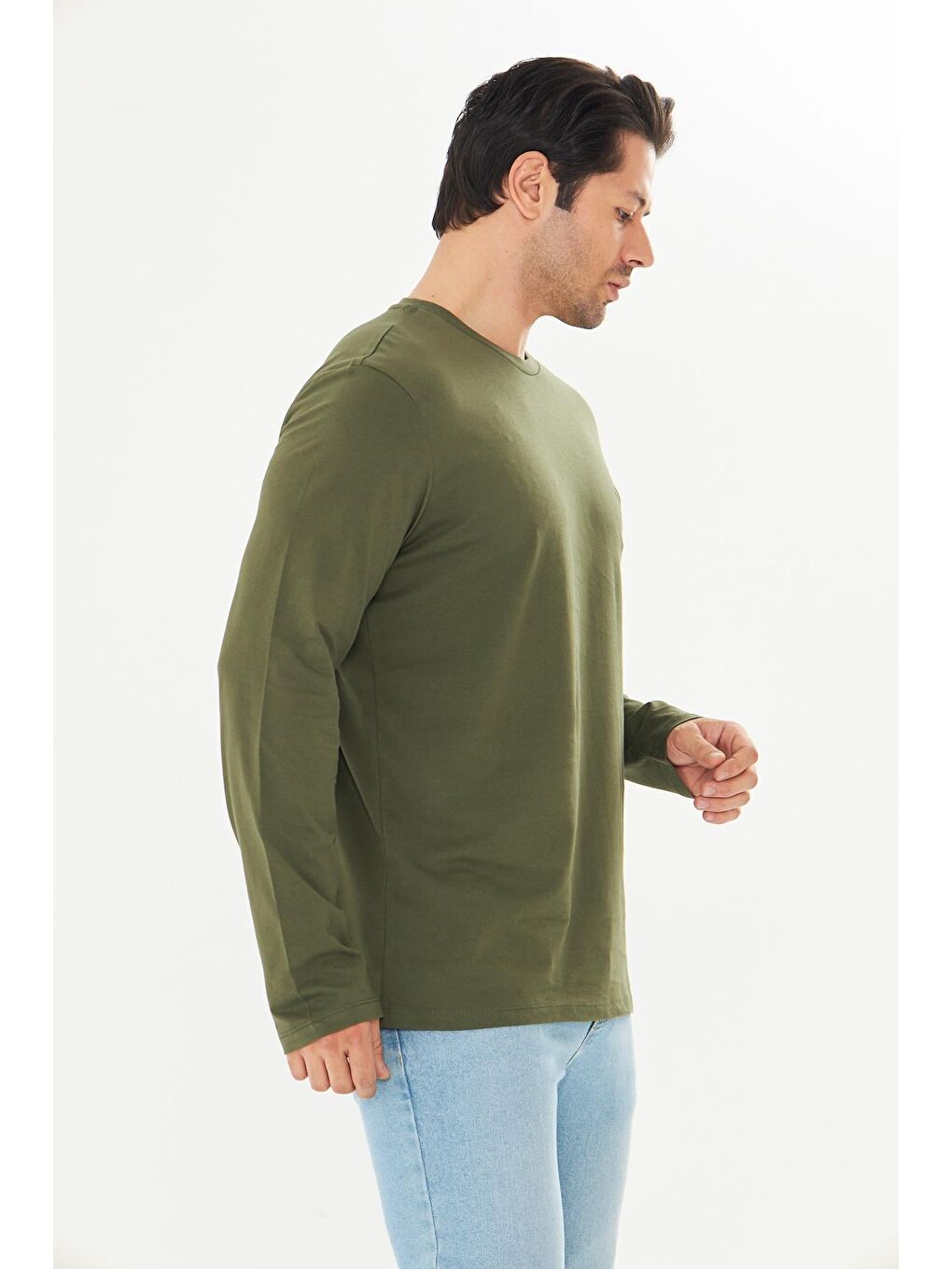 Erkek Pamuklu Bisiklet Yaka Uzun Kollu Tişört Haki 5020-H-3