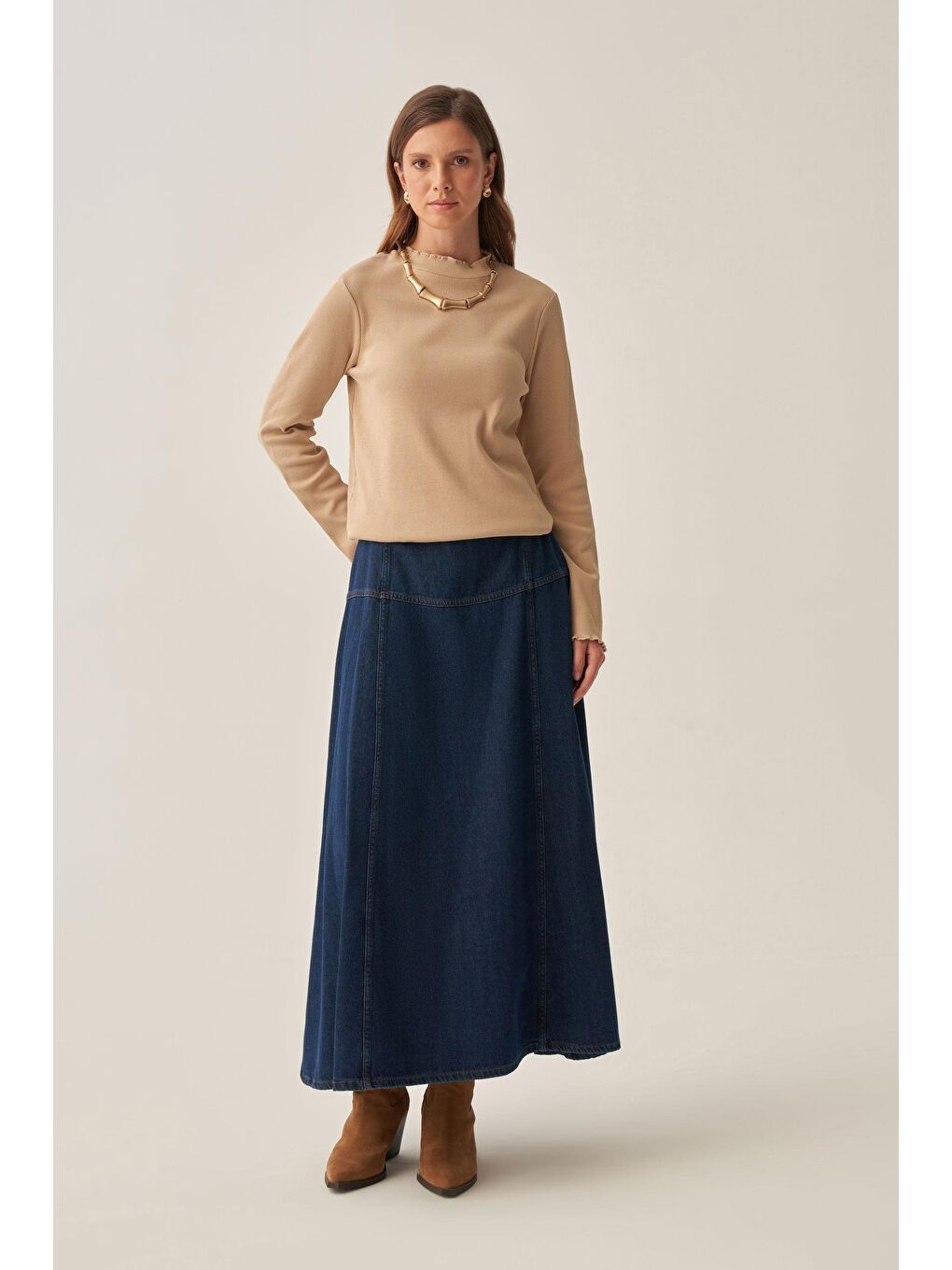 Bej-Dik Yaka Uzun Kollu Body