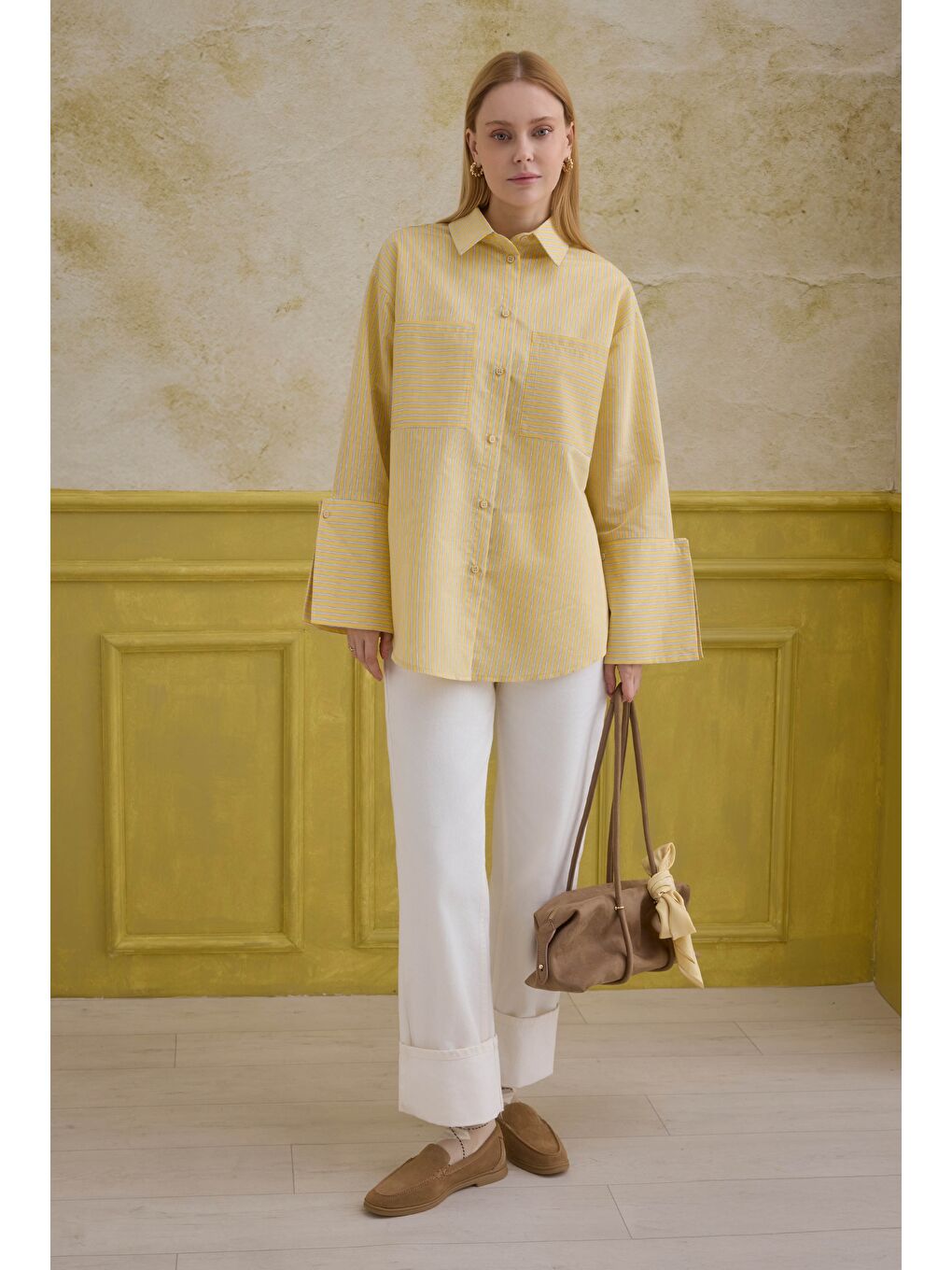 Geniş Manşetli Çizgili Gömlek Sarı-2