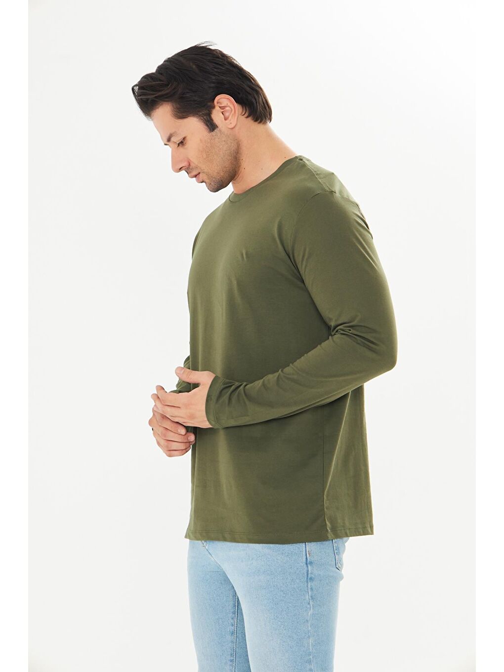 Erkek Pamuklu Bisiklet Yaka Uzun Kollu Tişört Haki 5020-H-4