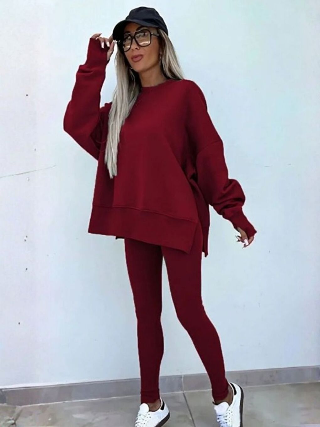 Kadın Bordo Yırtmaç Detaylı Bisiklet Yaka Alt Üst Taytlı Eşofman Takımı