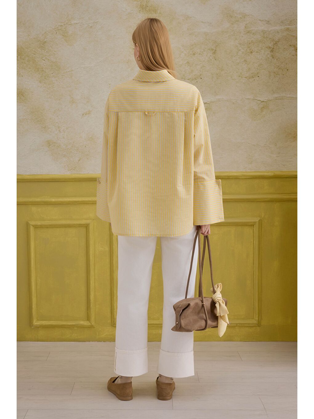 Geniş Manşetli Çizgili Gömlek Sarı-3