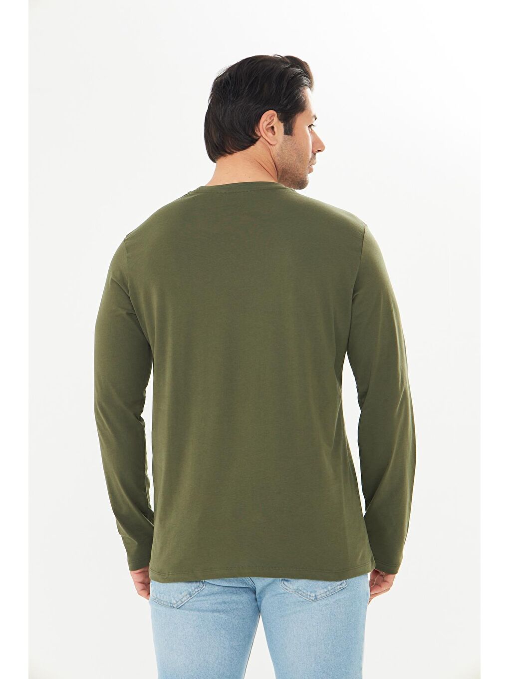 Erkek Pamuklu Bisiklet Yaka Uzun Kollu Tişört Haki 5020-H-5
