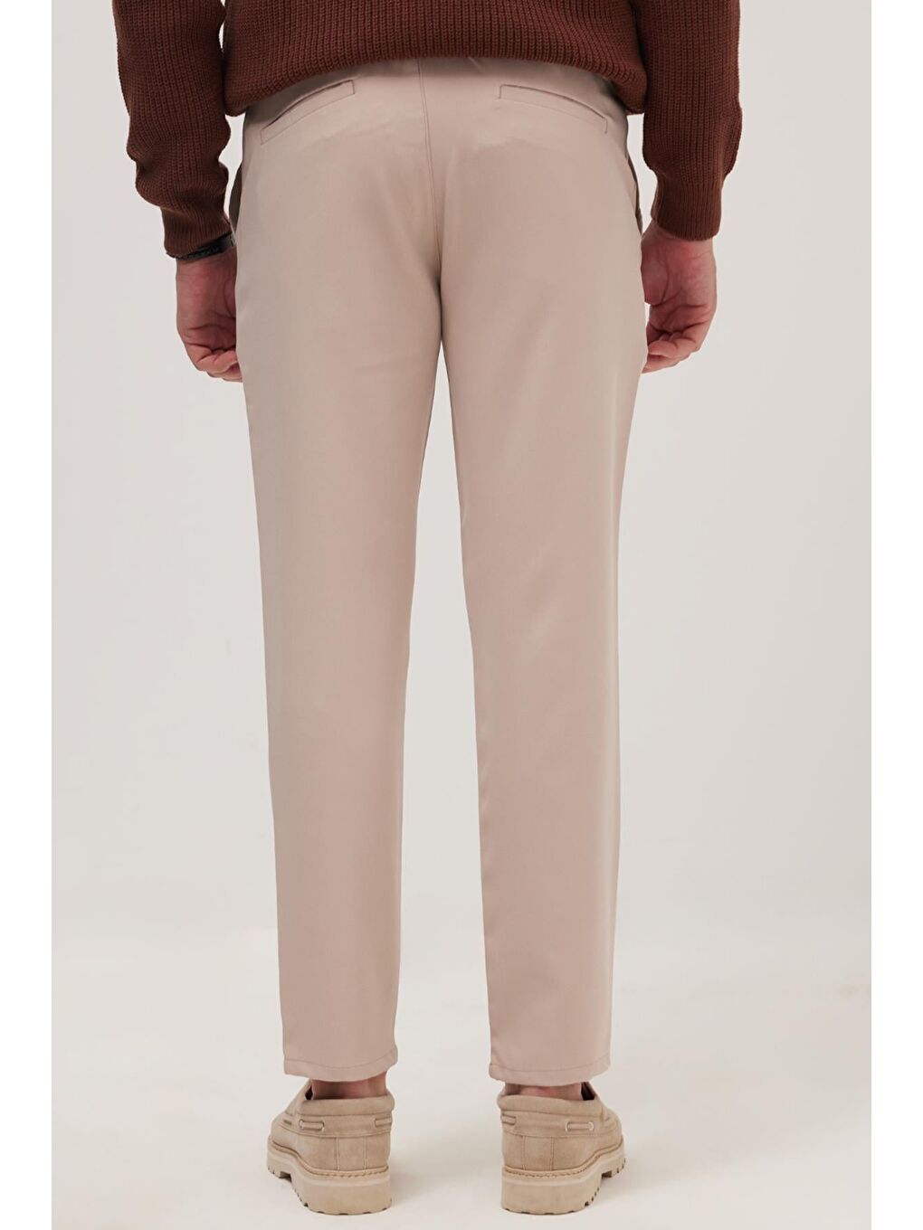 Bej Erkek Slim Fit Dar Kesim Lastikli Bel Bağcık Detaylı Pileli Taş Pantolon-6