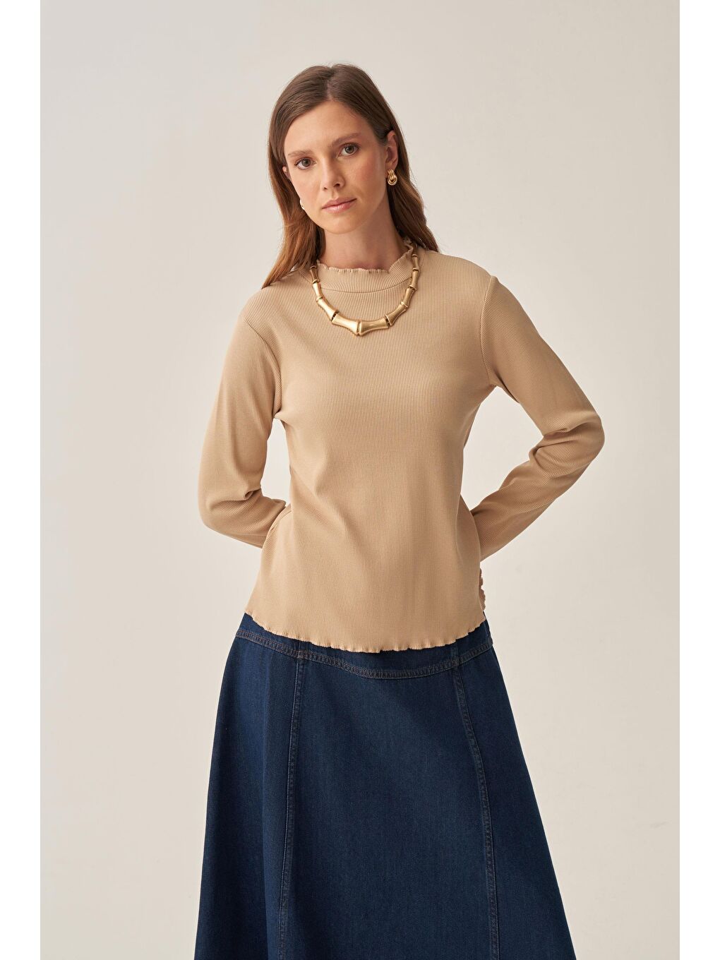 Bej-Dik Yaka Uzun Kollu Body-2