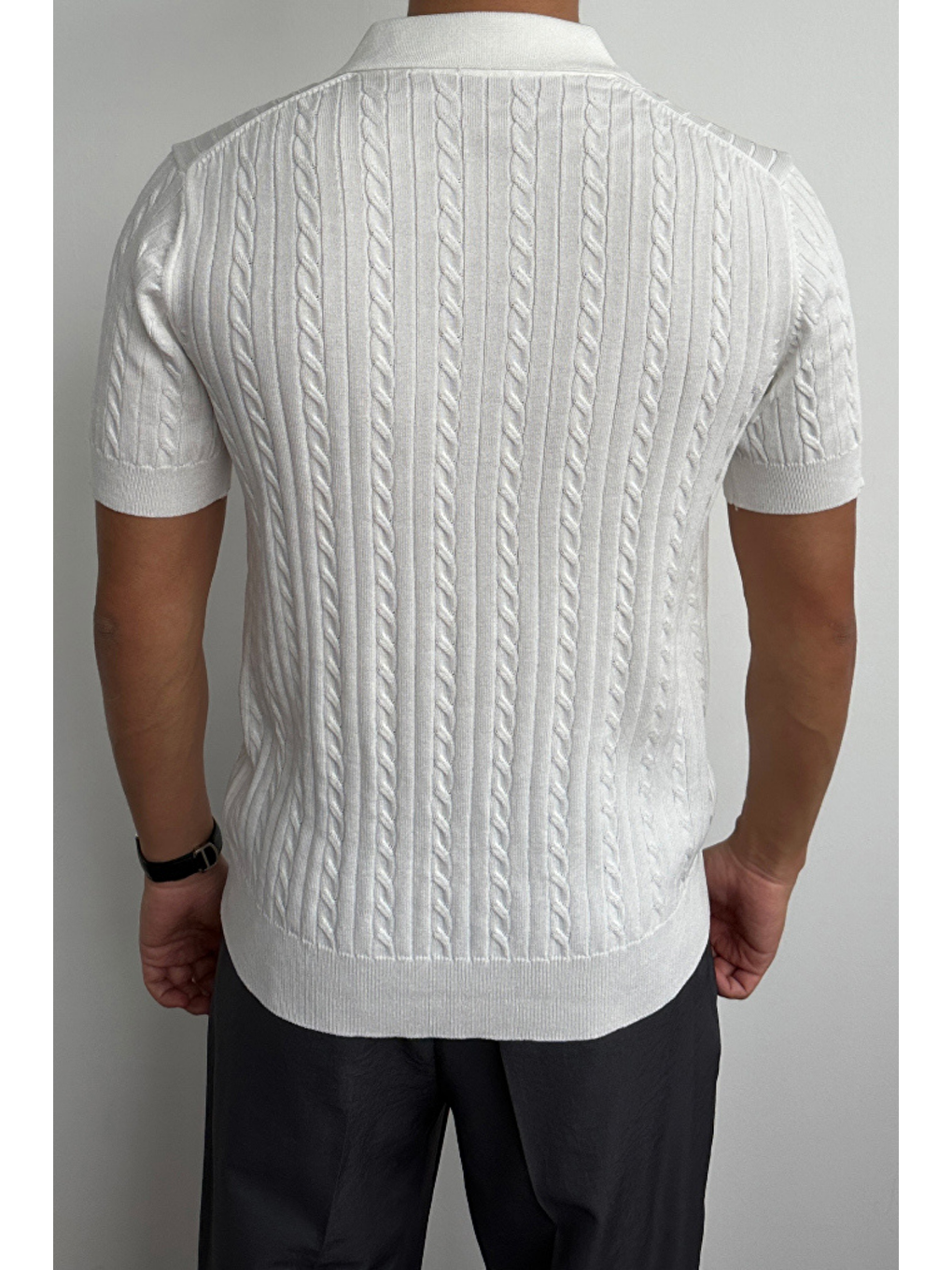 Erkek Fitilli Polo Yaka Triko Tişört Beyaz-5