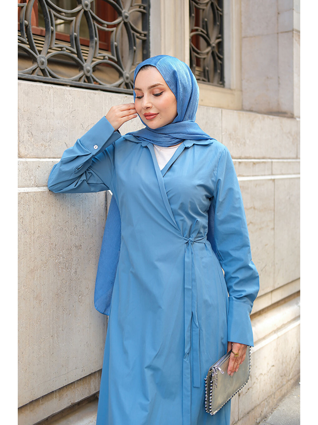 Kadın Poplin Yan Bağlamalı Elbise İndigo Mavi-1