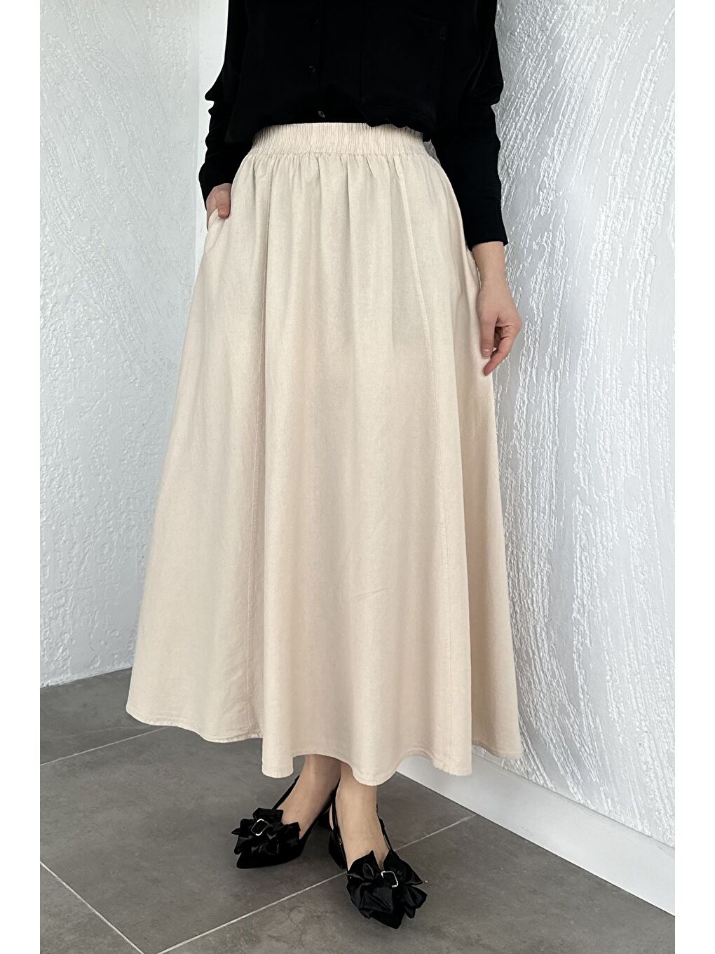 Bej Bel Lastikli Cepli Tesettür Etek-1