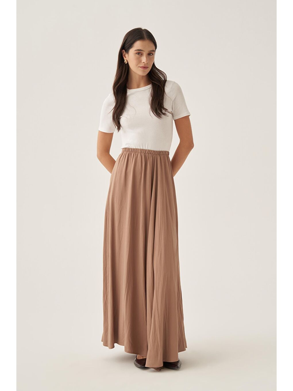 Bej Vizon-Kraşlı Lastikli Basic Etek