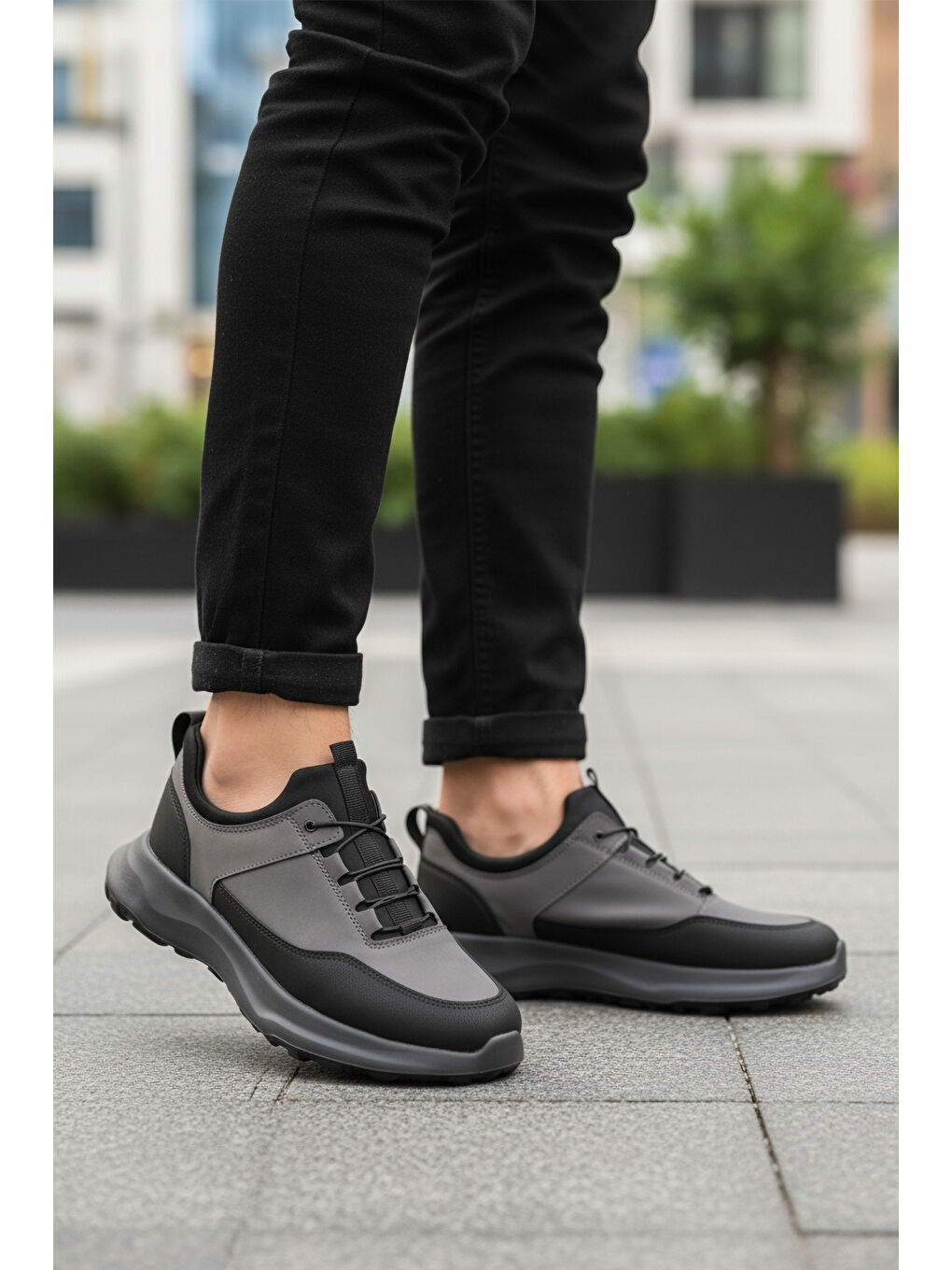 Gri Füme Elastik Bağcıklı Hafif Cilt Erkek Casual Ayakkabı 460 M-2