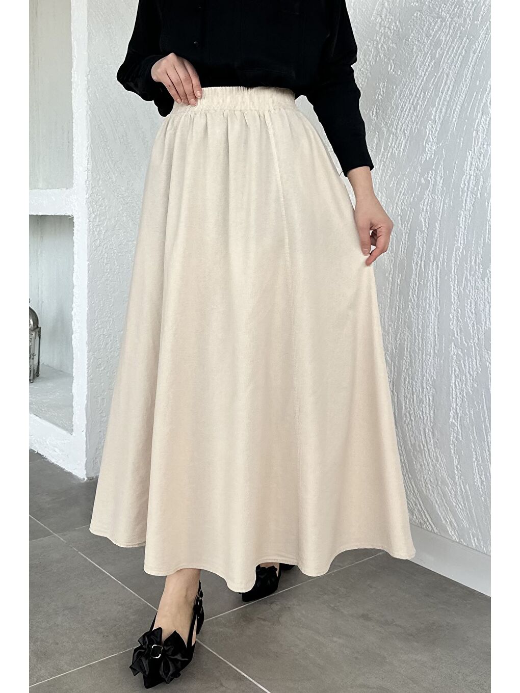 Bej Bel Lastikli Cepli Tesettür Etek-2