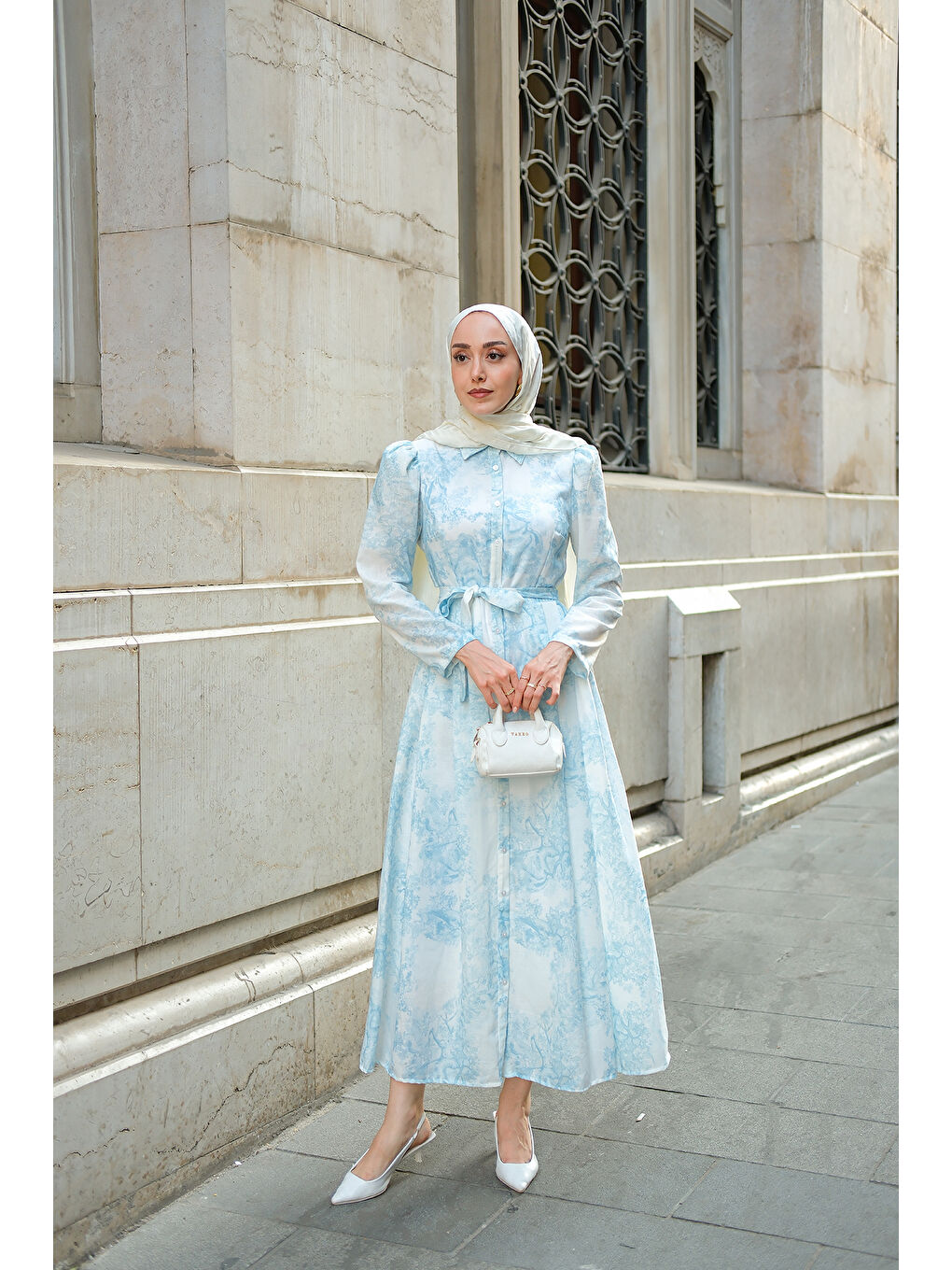 Kadın Fiyonk Detaylı Keten Elbise Mavi-2