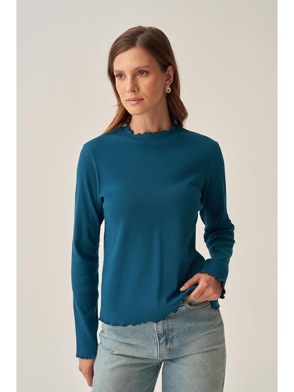 Petrol-Dik Yaka Uzun Kollu Body