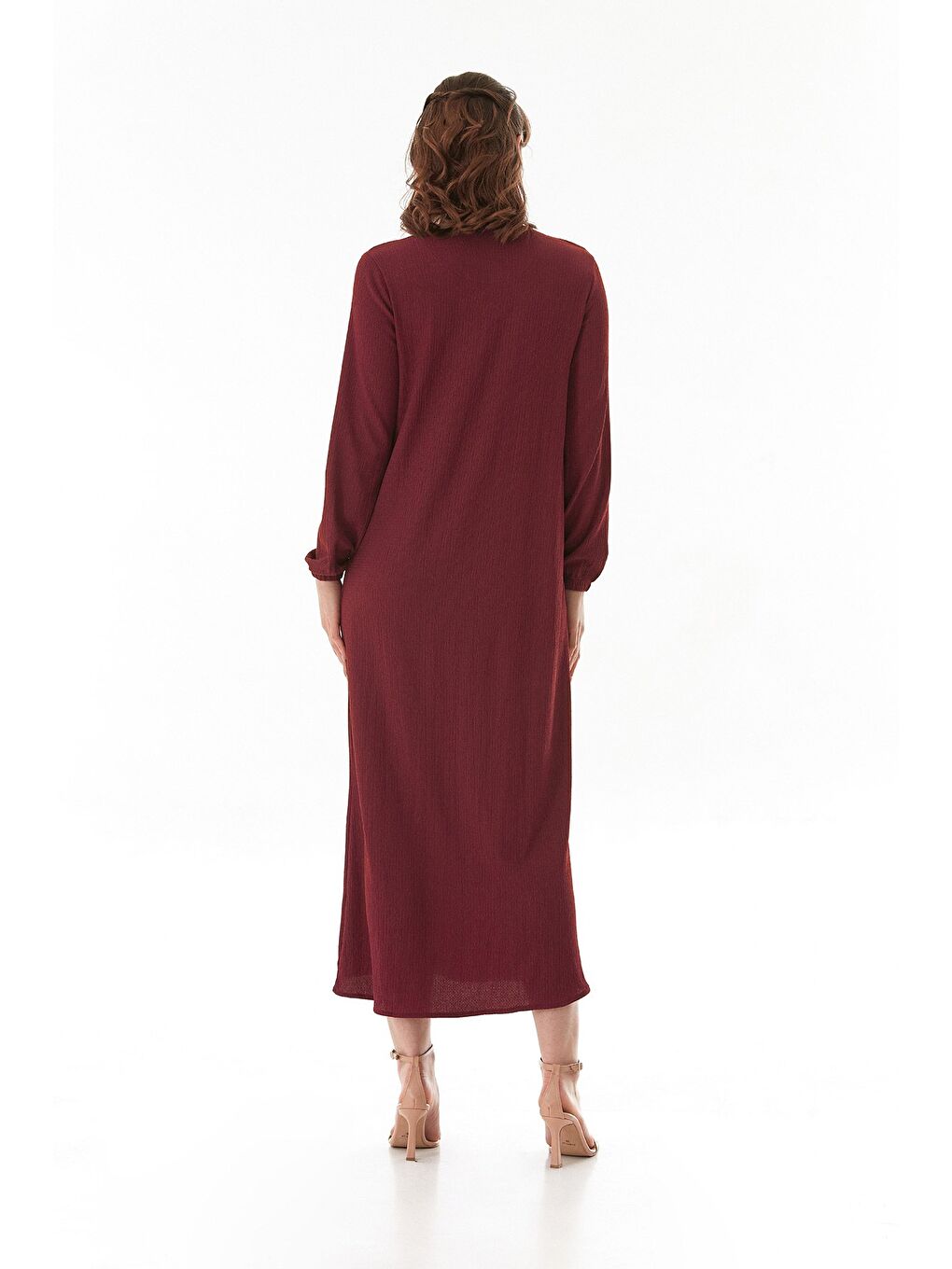 Bordo Fullamodest Aksesuarlı Bürümcük Kumaş Büyük Beden Elbise-3