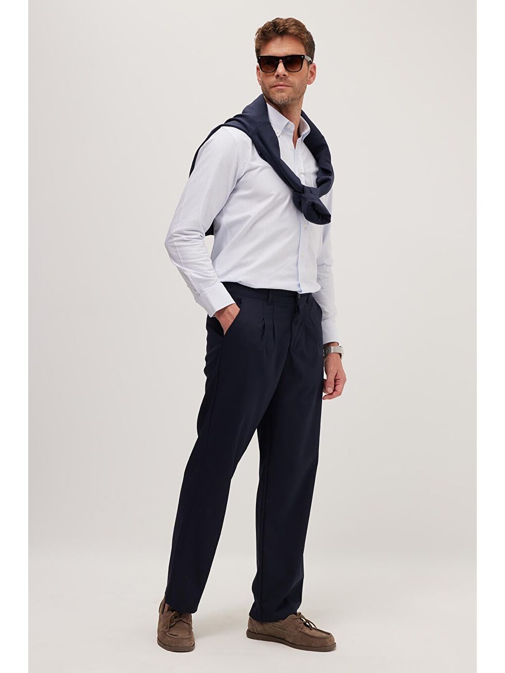 Erkek Regular Fit Klasik Kesim Normal Bel Geniş Paça Lacivert Pantolon-1