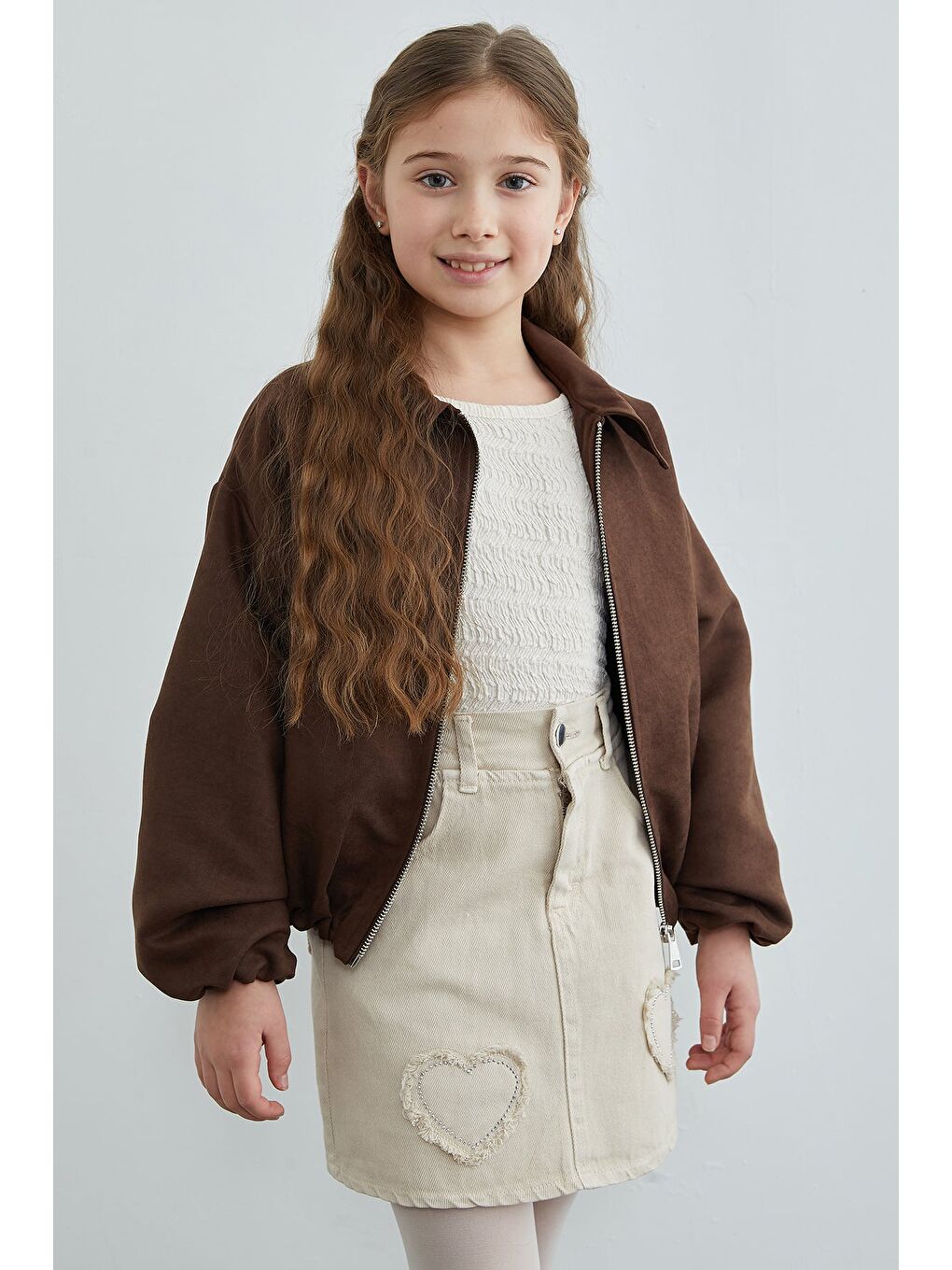 Kahverengi Fermuarlı Süet Kız Çocuk Bomber Ceket