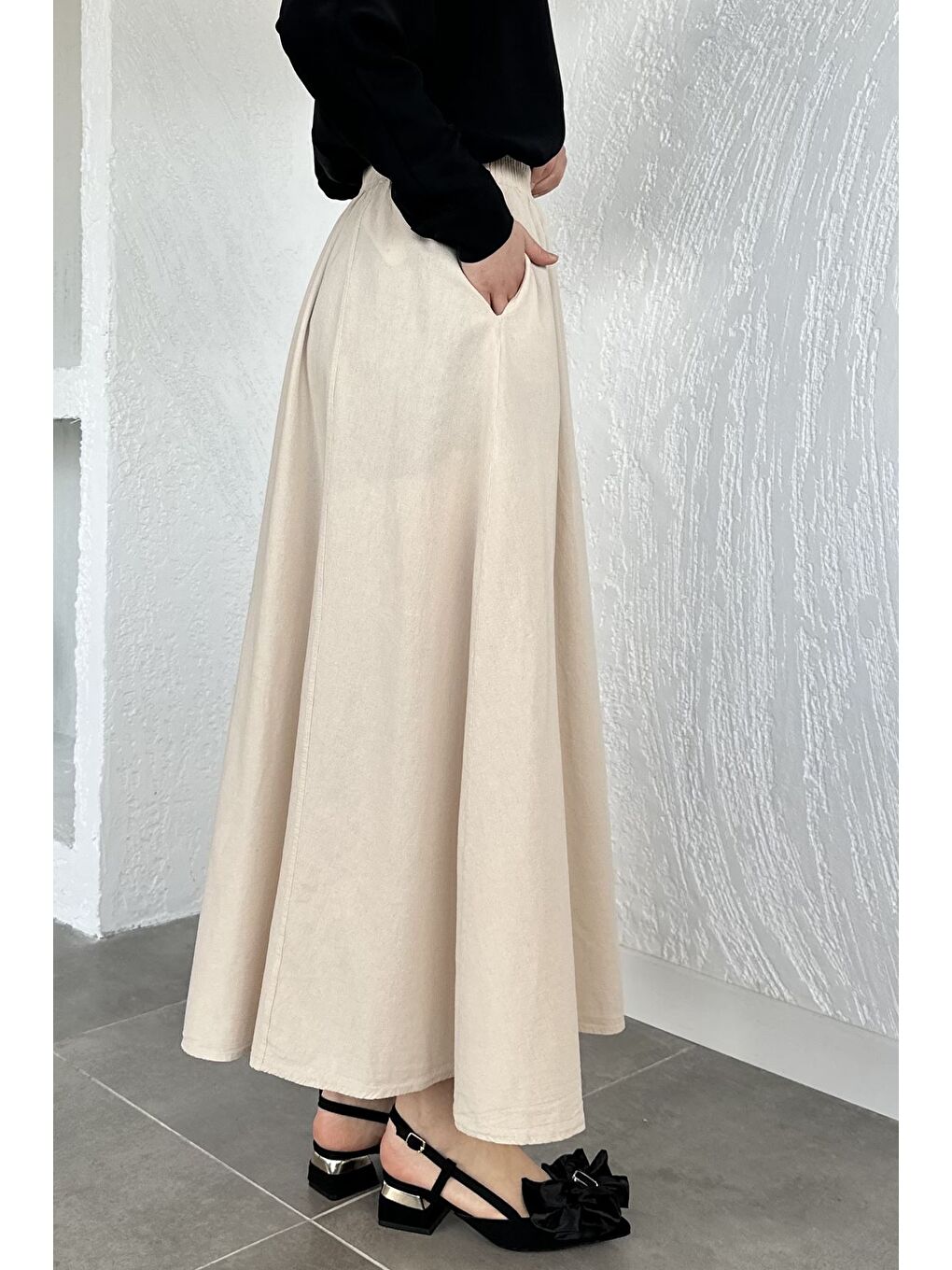 Bej Bel Lastikli Cepli Tesettür Etek-5