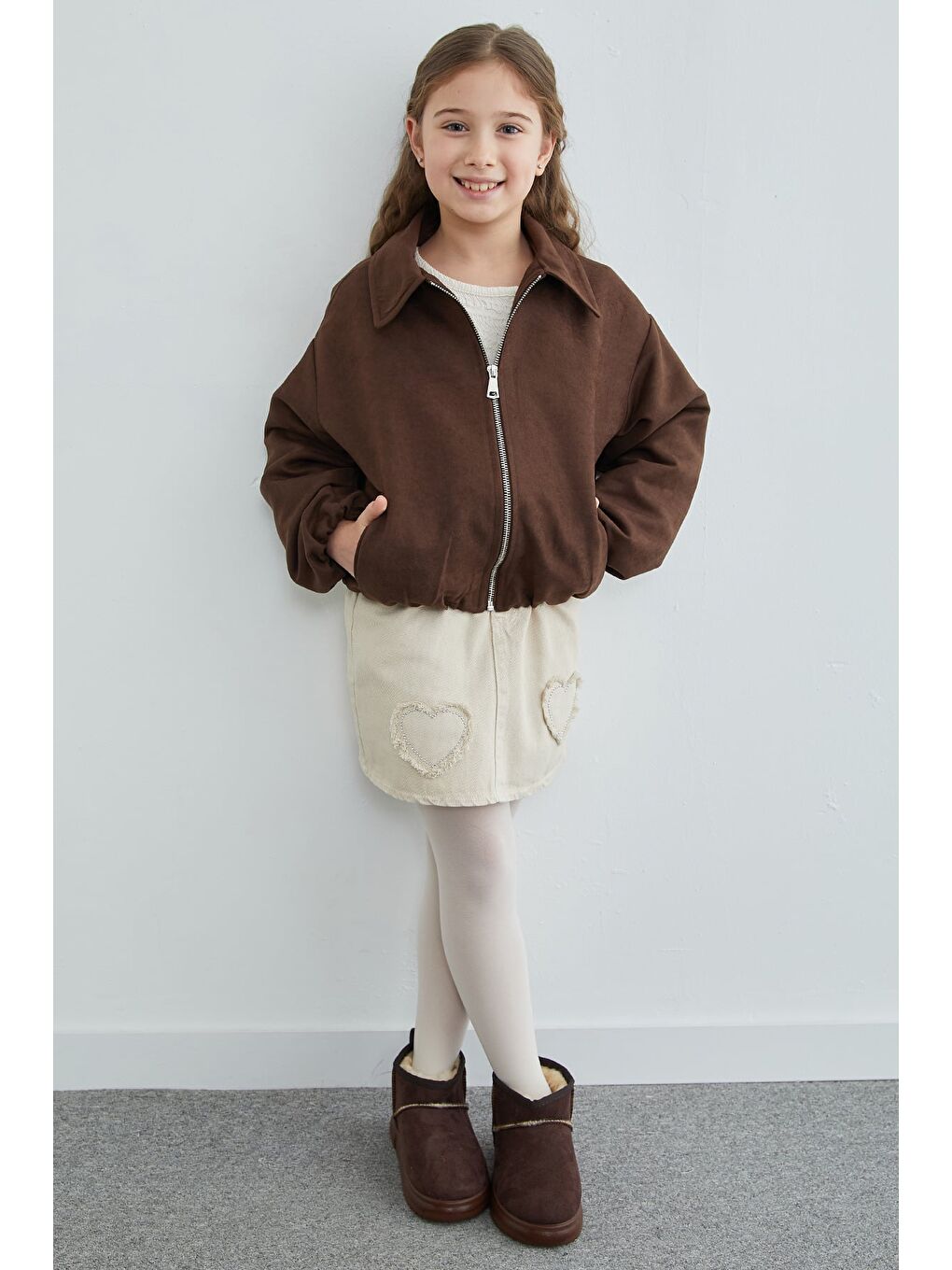 Kahverengi Fermuarlı Süet Kız Çocuk Bomber Ceket-1