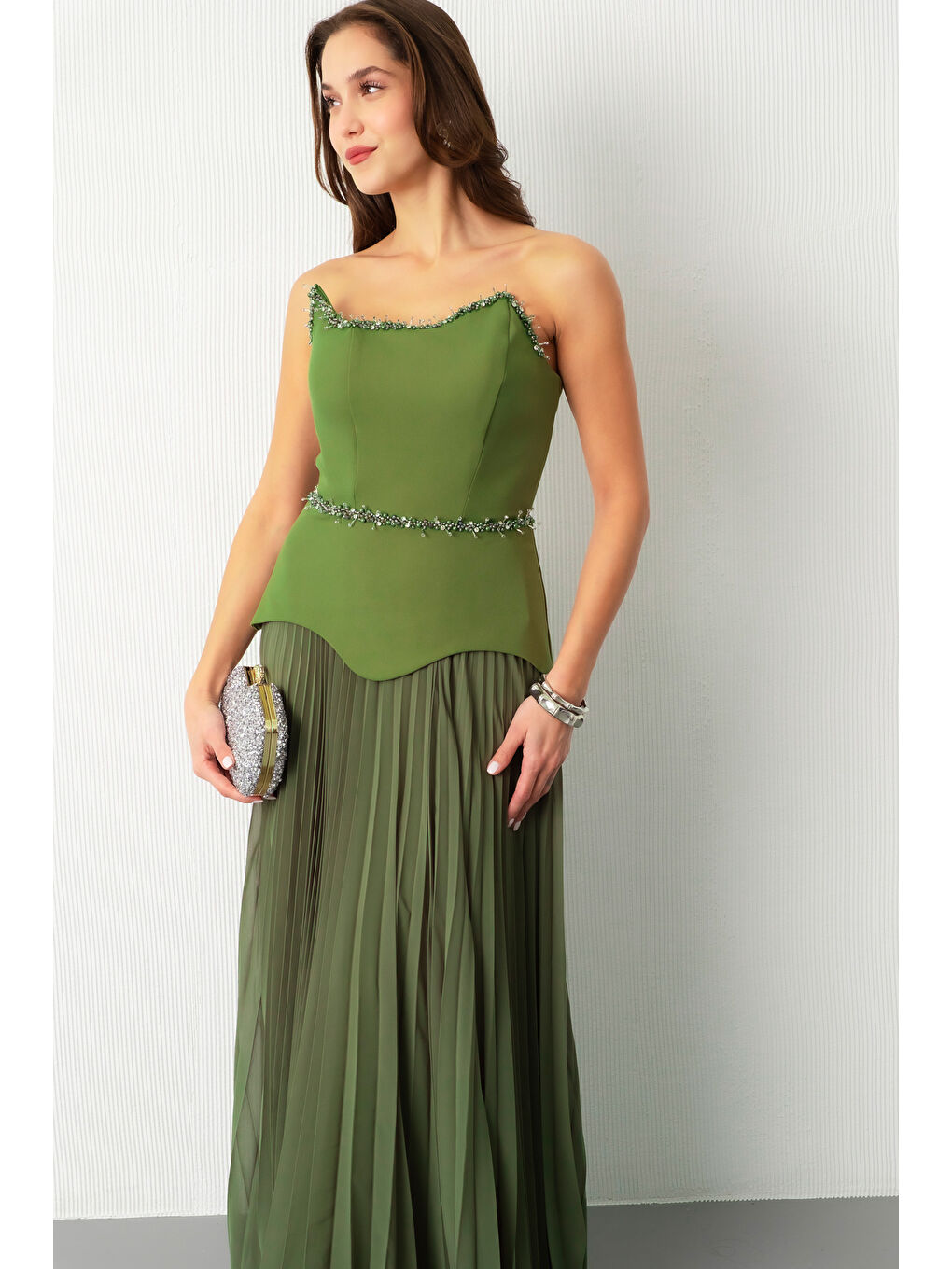 Kadın Haki Straplez Yaka Taşlı Piliseli Uzun Abiye Elbise-2