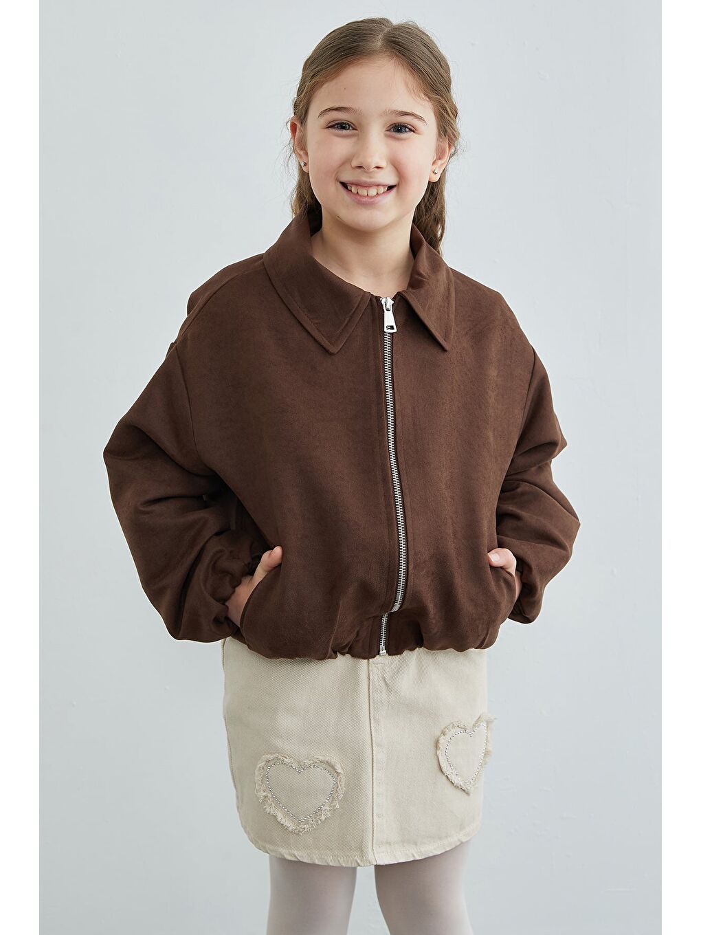Kahverengi Fermuarlı Süet Kız Çocuk Bomber Ceket-2