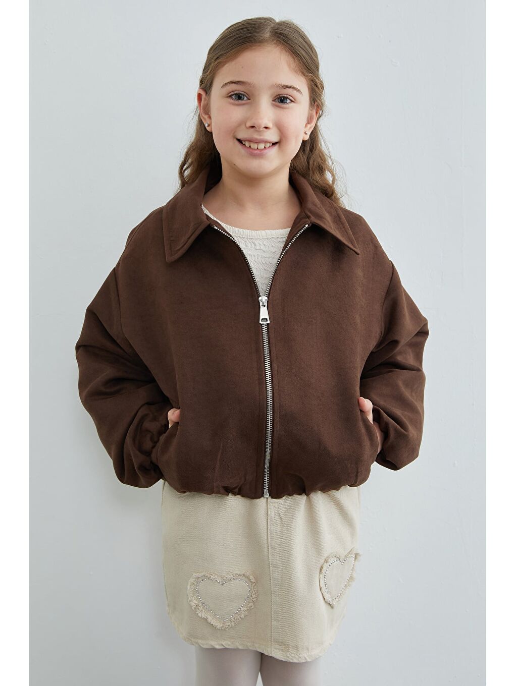 Kahverengi Fermuarlı Süet Kız Çocuk Bomber Ceket-3