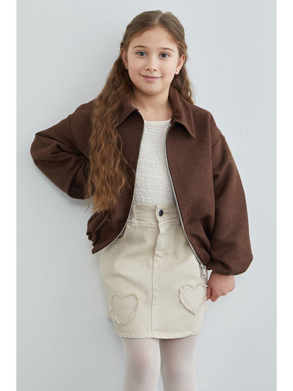 Kahverengi Fermuarlı Süet Kız Çocuk Bomber Ceket-4