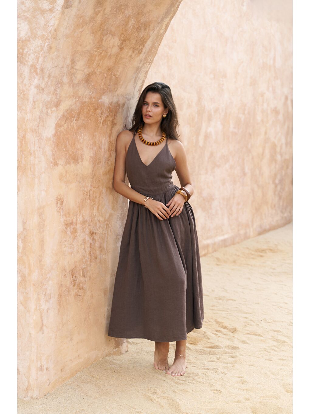 Kahverengi Eara Askılı Soft Kahve Uzun Keten Elbise