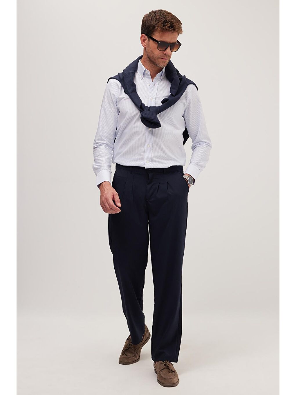 Erkek Regular Fit Klasik Kesim Normal Bel Geniş Paça Lacivert Pantolon-3