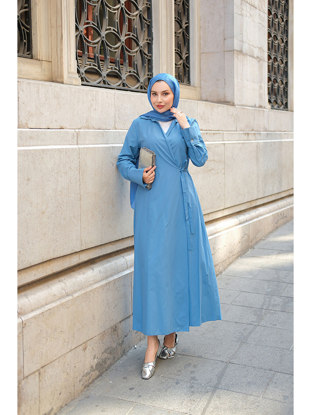 Kadın Poplin Yan Bağlamalı Elbise İndigo Mavi-2