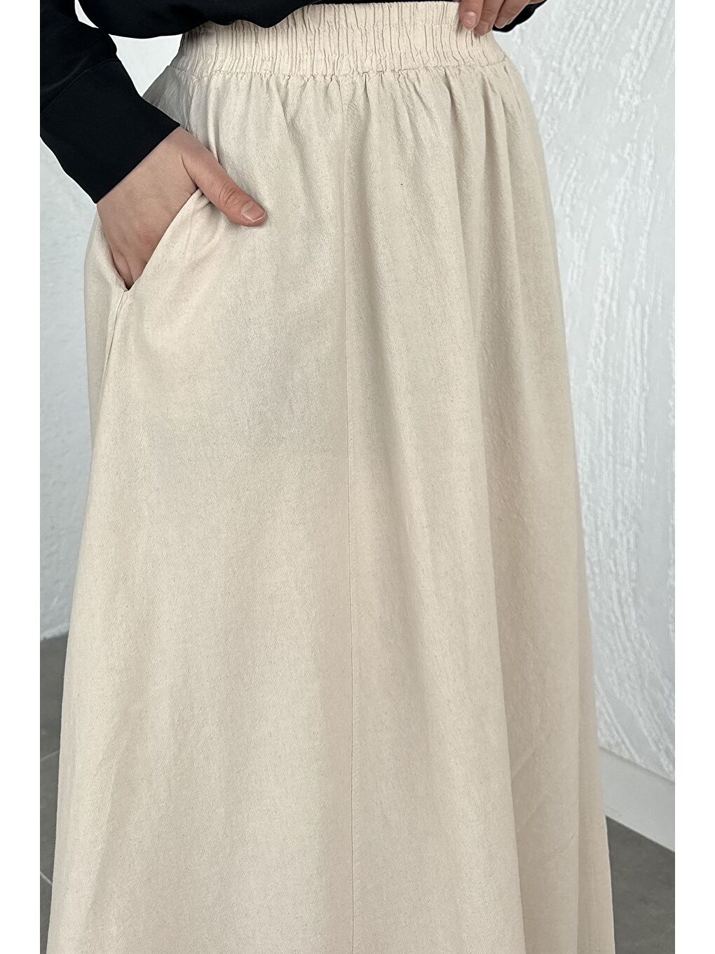 Bej Bel Lastikli Cepli Tesettür Etek-7