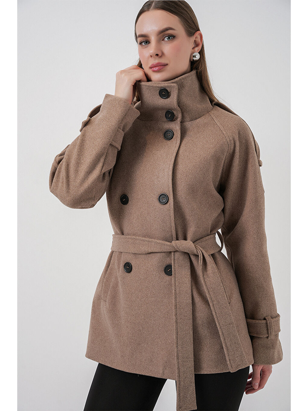 Bej Kadın Kuşaklı Kaşe Kaban 9162 - Taş