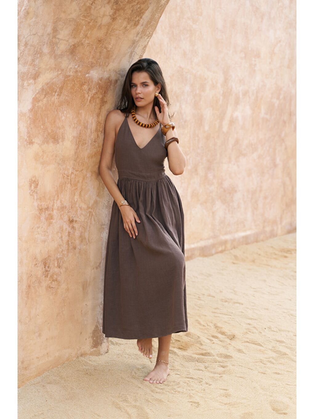 Kahverengi Eara Askılı Soft Kahve Uzun Keten Elbise-1