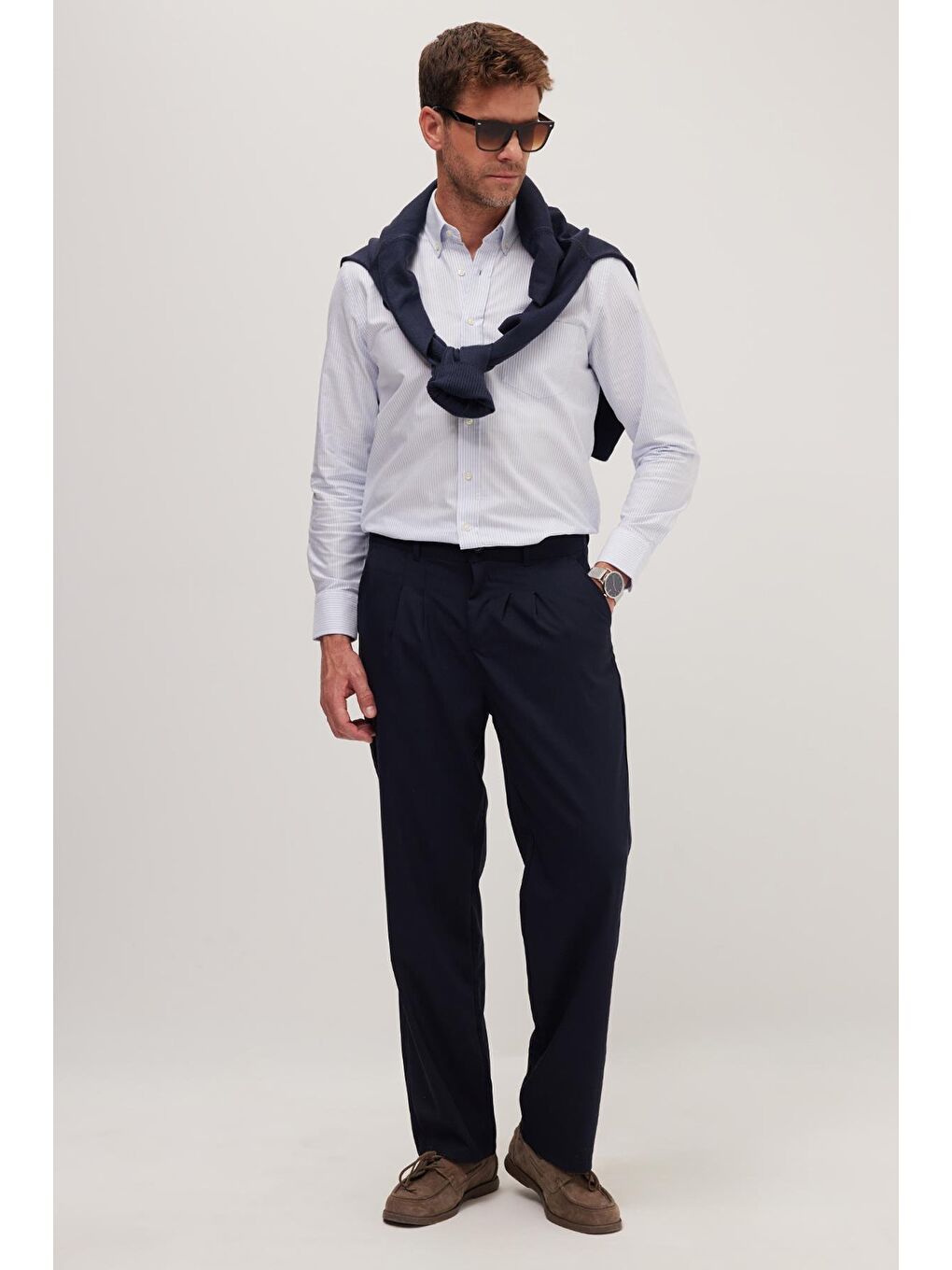 Erkek Regular Fit Klasik Kesim Normal Bel Geniş Paça Lacivert Pantolon-4